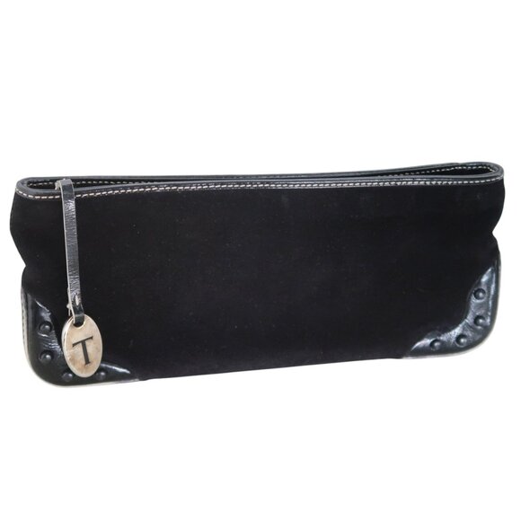 TOD\'S black suede & patent leather zip clutch bag with studs